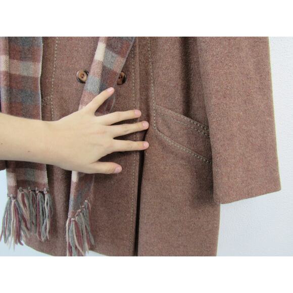 Vintage Union Made Wool Pea Coat Brown Knee Length Plaid Scarf 80's VTG - Picture 3 of 12